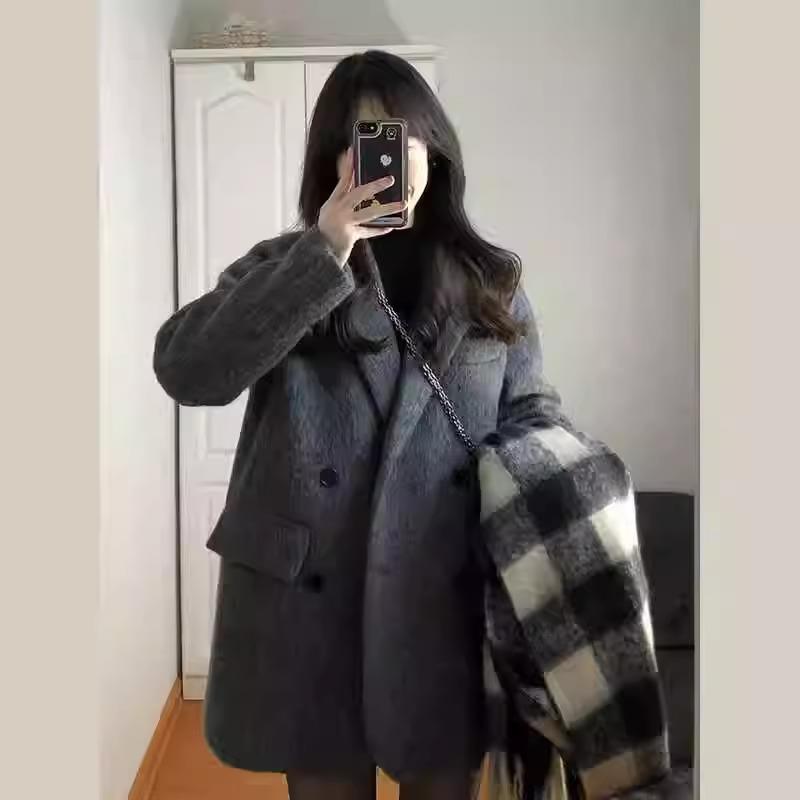 黑灰色短款西装毛呢外套女秋冬季高级感2024新款羊毛羊绒呢子大衣