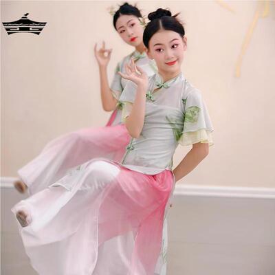 新中式演出服旗袍绿色古典舞演出服女儿童上春山中国舞舞蹈服套装