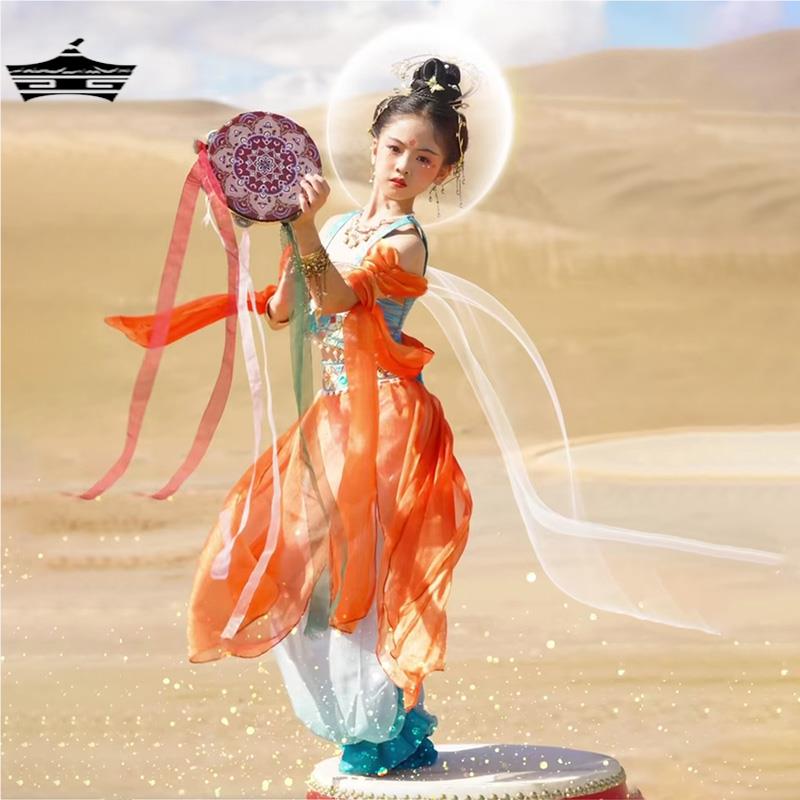 儿童飞天汉服乐鼓演出服西域敦煌舞蹈女童古典舞异域风情民族表演