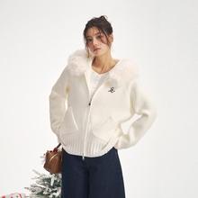 iNSLiiSA 软糯慵懒风温柔连帽毛领针织衫女秋冬新款休闲百搭毛衣