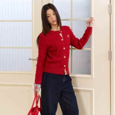 BESOBER新年限定 格纹拼接麻花针织开衫女春复古红色毛衣过年战袍