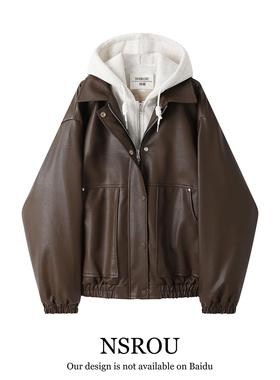 NSROU美式复古酷飒风假两件连帽棕色皮衣外套女冬季加绒短款夹克