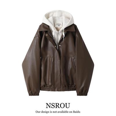 NSROU美式复古酷飒风假两件连帽棕色皮衣外套女冬季加绒短款夹克