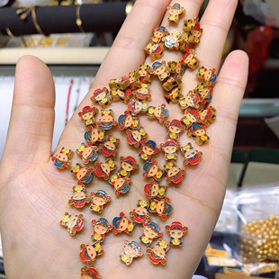 925纯银古法银金烧蓝珐琅彩财神隔珠吊坠提溜手链编织配饰diy配件