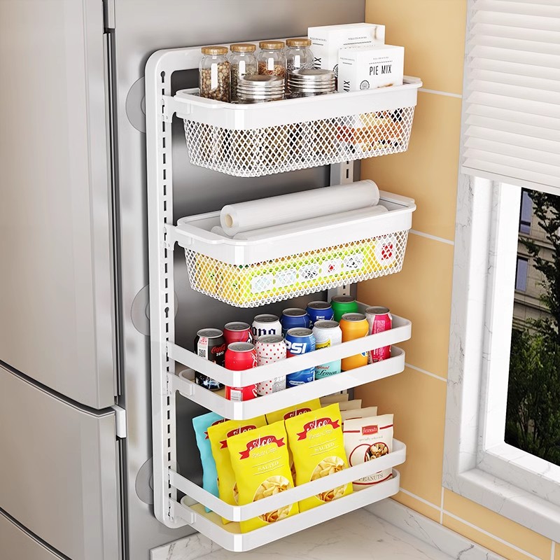 免打孔冰箱置物架侧收纳厨房壁挂式可调节放保鲜膜用品多功能架子