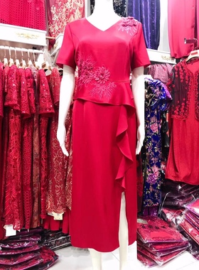 婚礼妈妈醋酸连衣裙2021夏季高贵镶钻绣花喜婆婆婚宴改良旗袍礼服