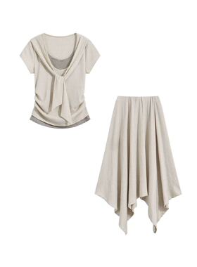 小田专享～条纹假两件短袖t恤女夏季两件套高腰不规则半身裙2611