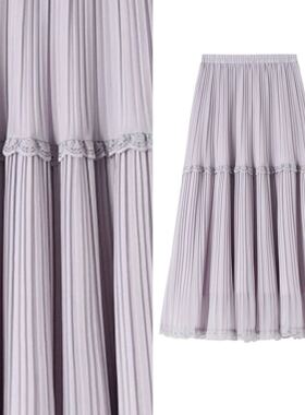 【甜甜专享】蕾丝花边雪纺百褶半身裙高腰显瘦a字大摆伞裙长裙