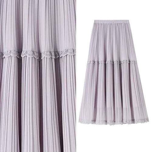 【甜甜专享】蕾丝花边雪纺百褶半身裙高腰显瘦a字大摆伞裙长裙