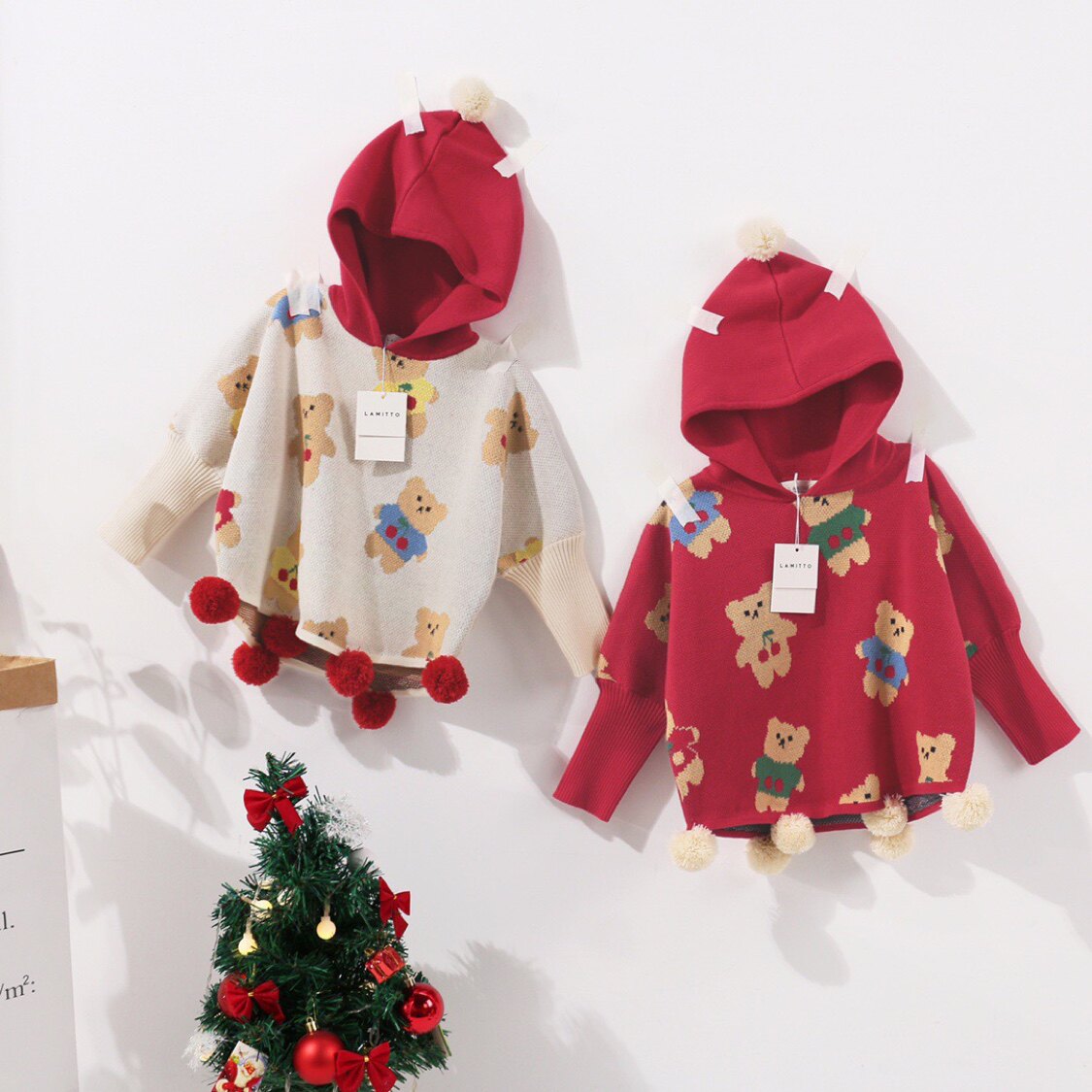 秋冬宝宝儿童小童女童小熊圣诞毛衣女孩卡通球球连帽可爱针织衫