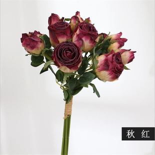 6枝扎美式 复古焦边玫瑰花仿真花束干花假花绢花客厅餐桌装 饰