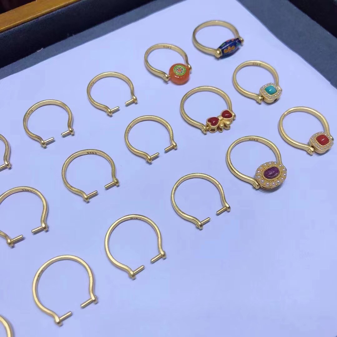 925纯银古法银金色戒托万能戒指空拖卡多宝隔珠戒指环diy饰品配件