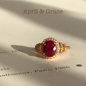 美6有货古董款 出口古典镀18k金人工再生鸽血玫红宝石戒指