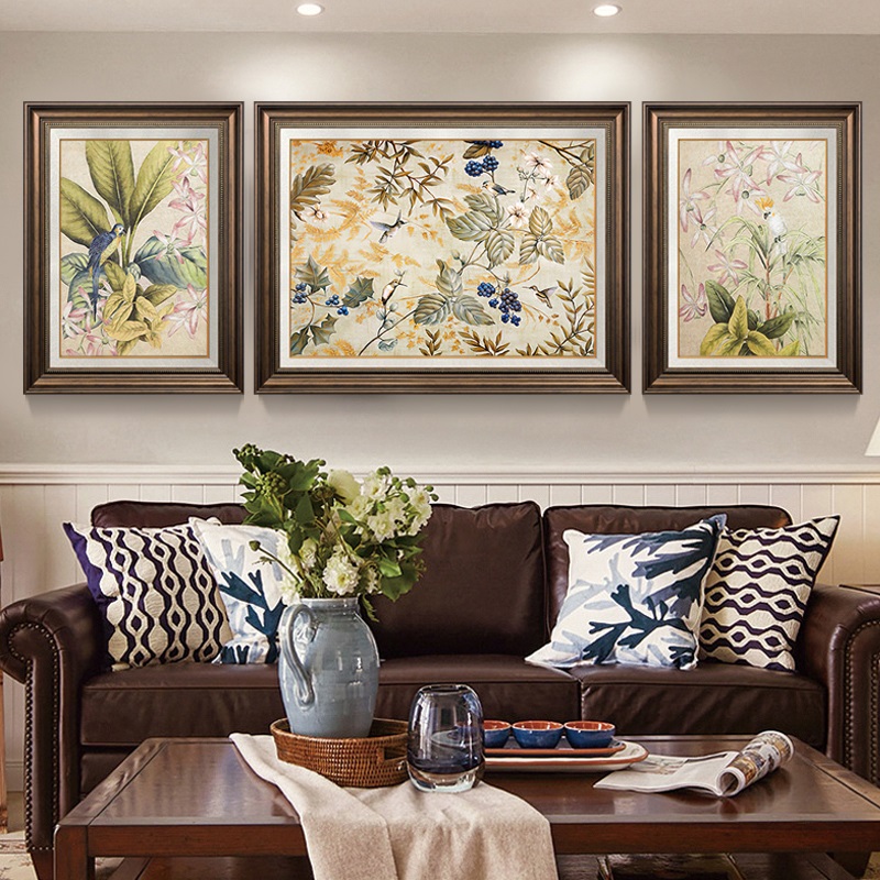 美式复古客厅装饰画欧式沙发背景墙画花鸟三联画法式轻奢植物挂画图片