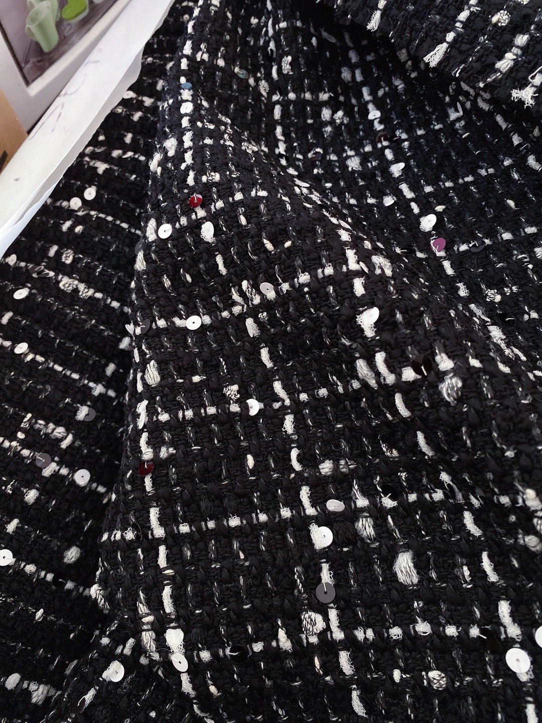 布料欧洲进口黑白珠片粗花呢