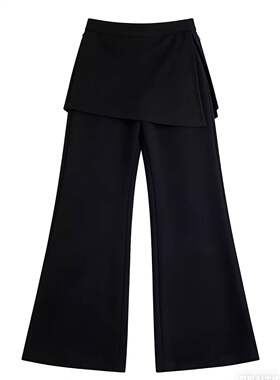 黑色假两件屁帘微喇叭裤女1668
