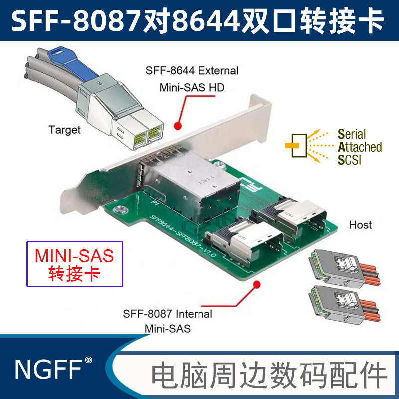 内置转外置SFF-8644对8087服务器JBOD Mini SAS HD转接卡 SF-019