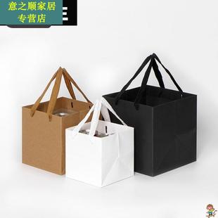 礼品袋手提纸袋正方形透明包装 袋方形黑色方底购物袋礼物宽底