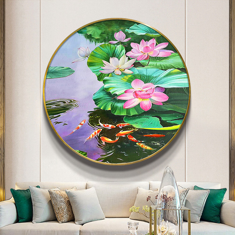 设计师新中式手绘油画玄关装饰画客厅圆形鱼图招财荷花挂画书房卧