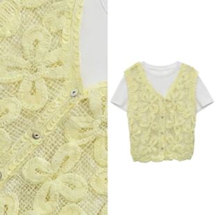 黄色钩花镂空V领正肩马甲外套多巴胺叠穿上衣323 小四专享
