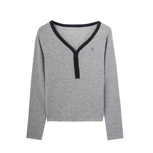 宽松套头外穿拼色V领上衣3553 设计感韩版 玉米专享