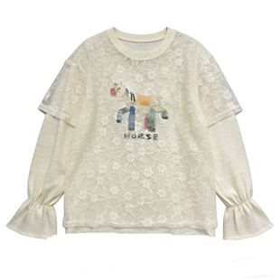 早春彩虹小马蕾丝长袖 T恤2601