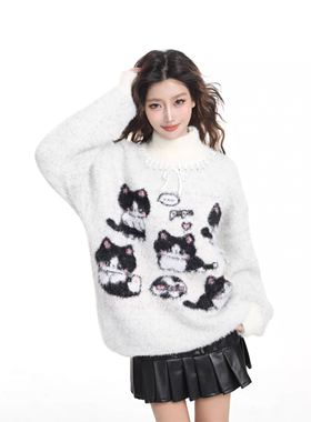 【小四专享】美式卡通猫咪马海毛软糯白色高领高级感针织衫上衣
