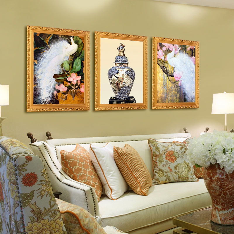 孔雀欧式装饰画客厅版画沙发背景墙三联画风景油画挂画客厅欧网红图片