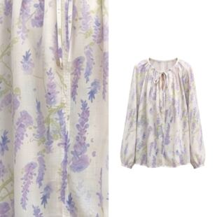 沐禾 MuHam 仙气袅袅 领口系带圆领水彩风印花微上衣1388