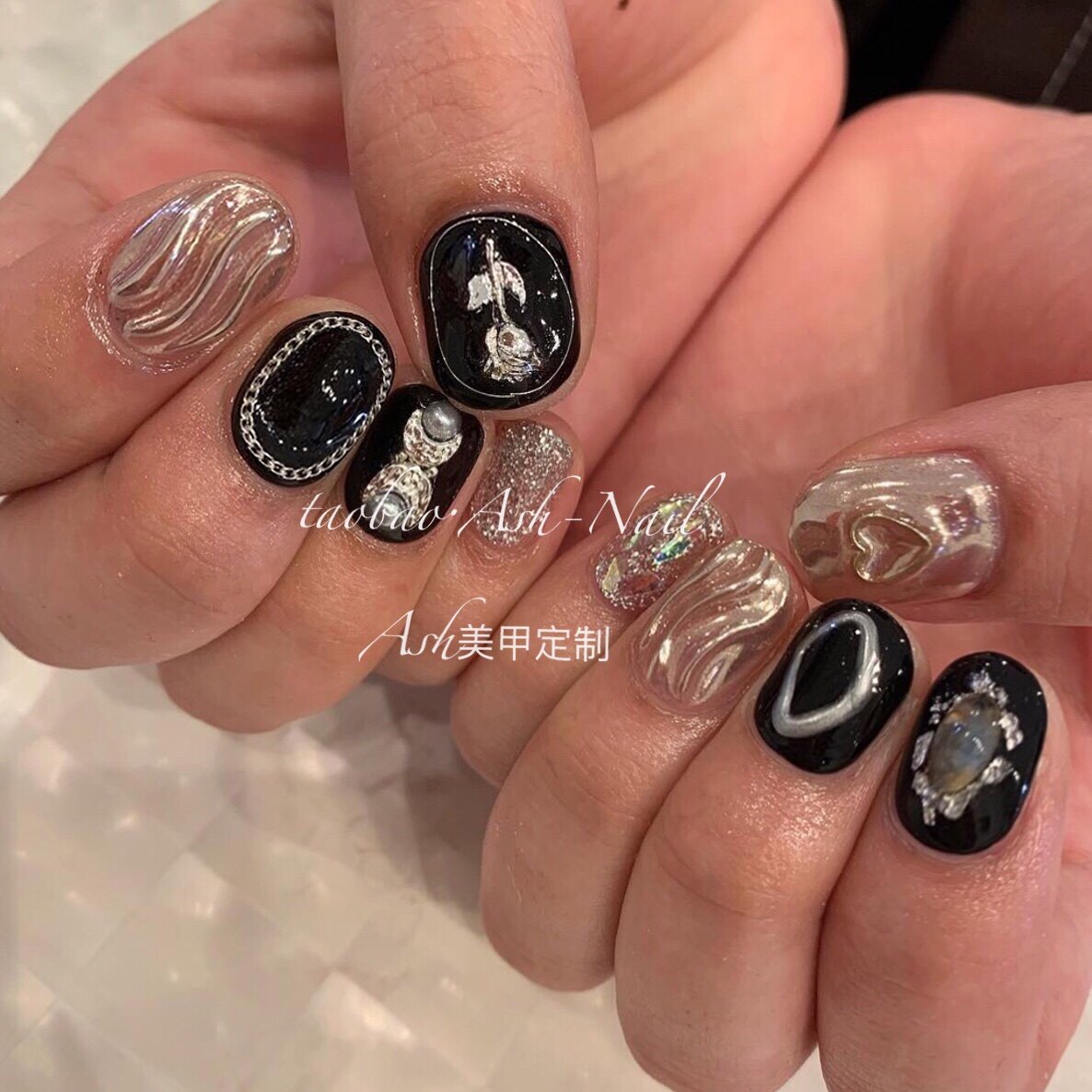 ash美甲假指甲贴片穿戴可拆卸黑色水波纹香槟色银色金属短圆成品