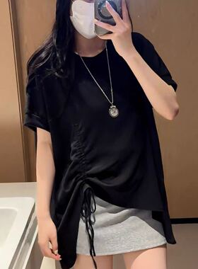 【小四专享】慵懒风抽绳不规则白色短袖宽松巨显瘦上衣