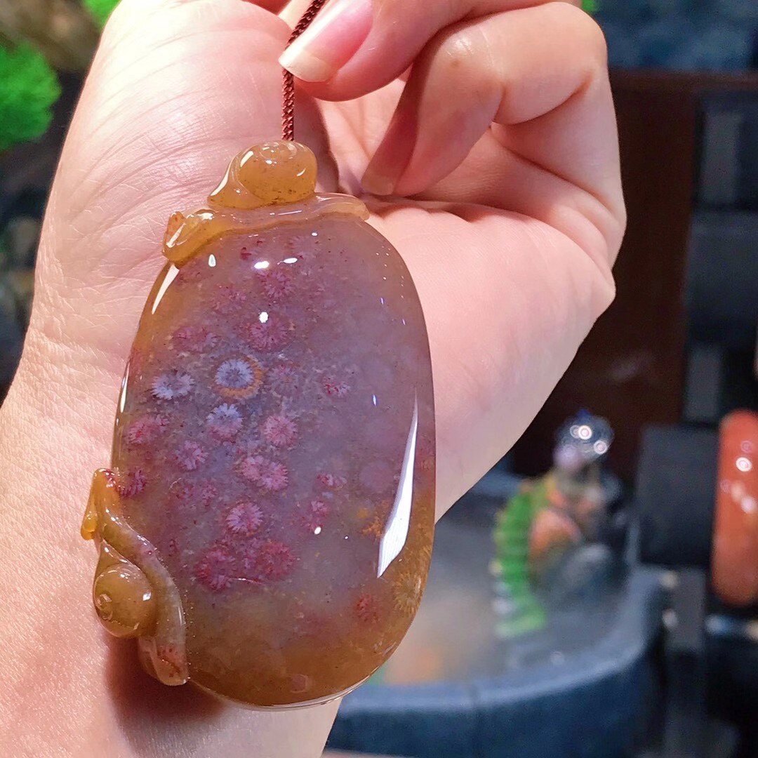 一博珊福精品天然珊瑚玉紫红彩花吊坠项链