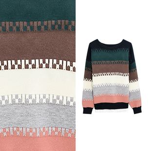 拼接针织衫 毛衣女拼色宽条纹圆领套头外穿时尚 1221 玉米专享