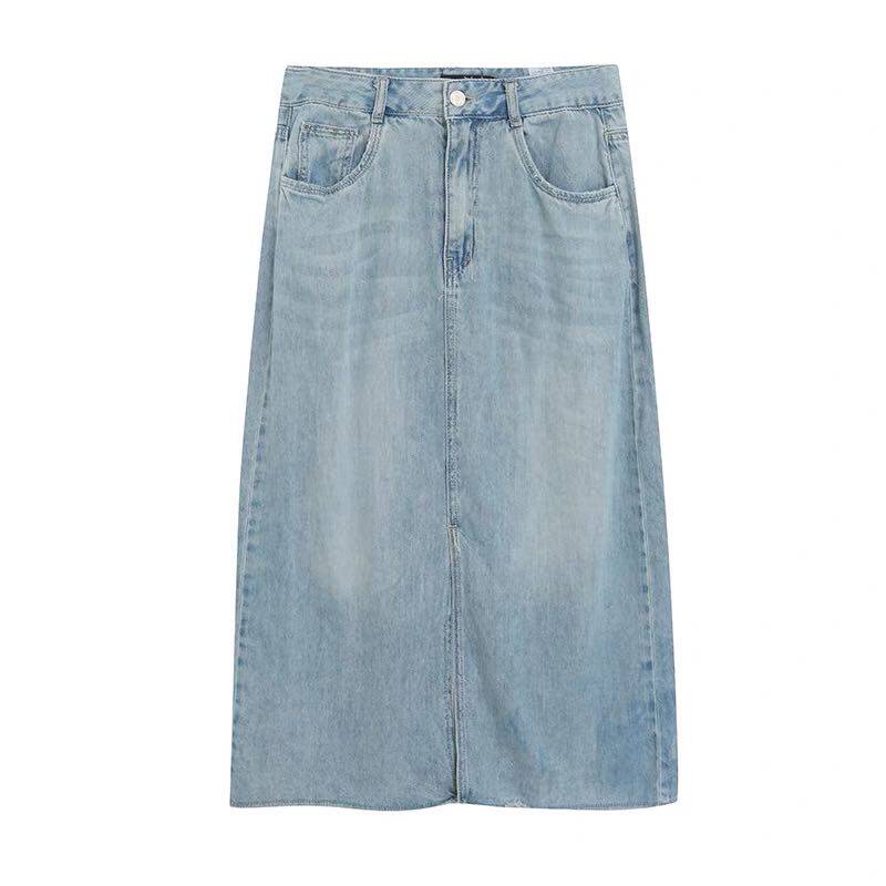 【小田tia专享】水洗做旧~开叉高腰天丝牛仔半身裙 长裙