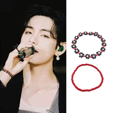 BTS 防弹少年团金泰亨黑色菊花红珠手链套装陶瓷花朵情侣手环礼物