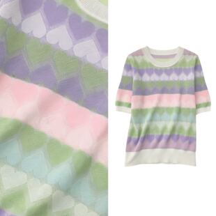 短袖 爱心条纹冰丝针织衫 宽松温柔风甜美减龄上衣3017 玉米专享