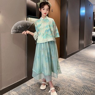 女童夏装 汉服水墨画裙子套装 中大童夏季 连衣裙2023新款 儿童两件套