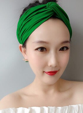 欧美风复古弹力绿色交叉纯棉发带
