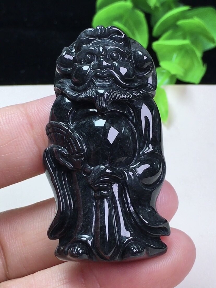 天然翡翠a货乌鸡种天师钟馗玉石吊坠 男女式挂件挂坠玉坠 带证书