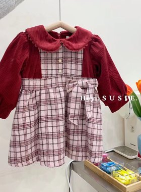 2021冬 韩版susie苏西加厚格子假两件翻领连衣裙儿童裙子女童公主