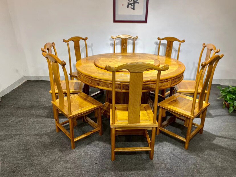 仙作金丝楠木餐桌实木圆桌原木仿古中式客厅桌椅组合小叶楨楠家具