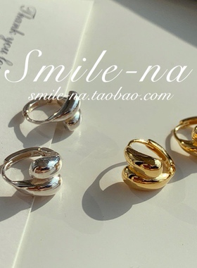 韩国进口设计师款ins925纯银镀18K金交叉弧形圆耳圈耳环耳饰简约