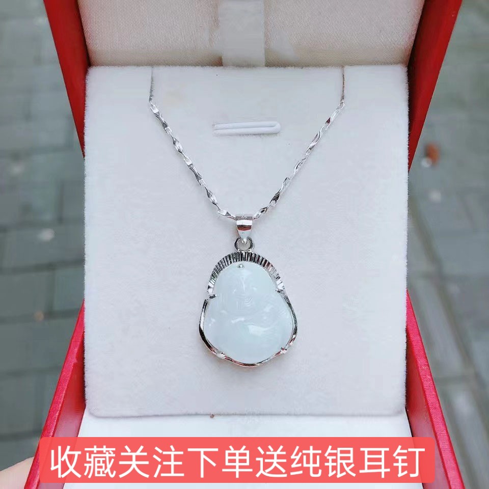 天然翡翠银镶玉佛配s999纯银项链带证书送情人妈妈生日礼物银饰品