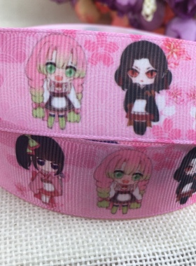 25mm新款鬼灭粉色卡通印花罗纹织带dy发饰材料201004
