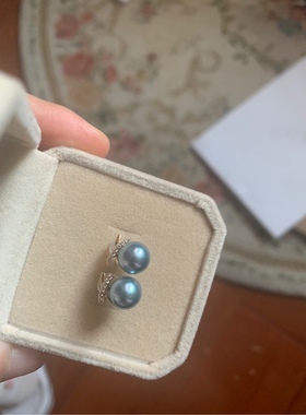 海水珍珠蓝色真多麻14k金耳钉