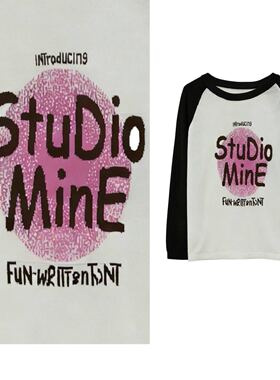 【甜甜专享】拼色圆领插肩袖印花宽松小众t恤针织上衣