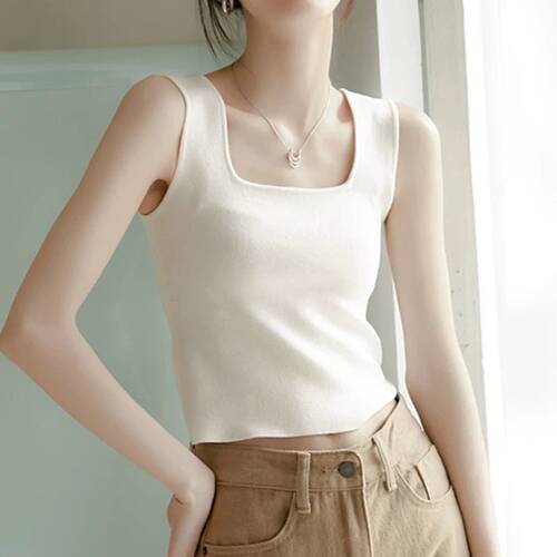 【甜甜专享】冰丝针织吊带背心方领打底西装内搭上衣4010