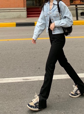 Cjxnh直筒开叉长裤爆款神裤显高拖地裤四季黑显瘦百搭显腿长包邮