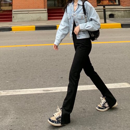 Cjxnh直筒开叉长裤爆款神裤显高拖地裤四季黑显瘦百搭显腿长包邮
