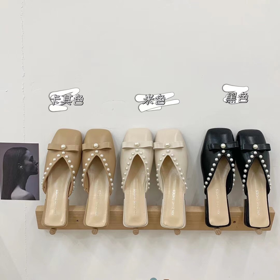 Real shot real price pearl half trailer Summer women's soft leather fashion casual shoes